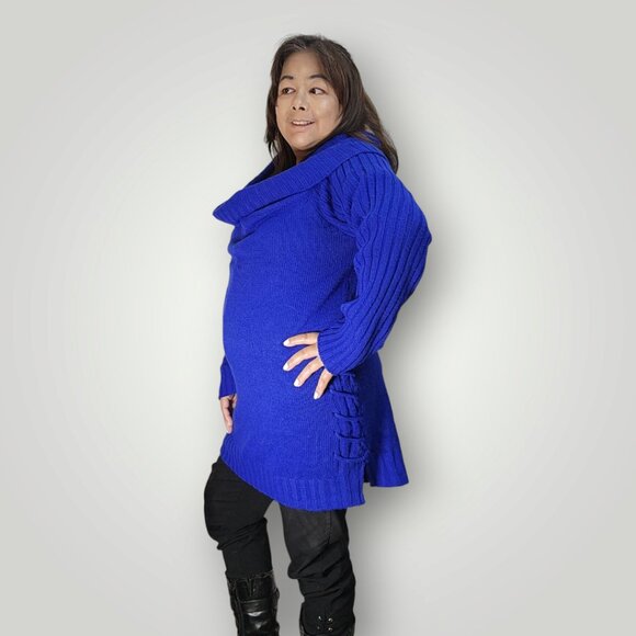 LILY MORGAN WOMENS SIZE LARGE BLUE TURTLE NECK SWEATER WITH LACE DOWN THE SIDE - Picture 2 of 6